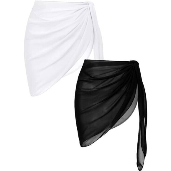 2-Piece Black/White Chiffon Sarong Wrap Set Beach Cover Up Swimwear Skirt - Picture 1 of 7